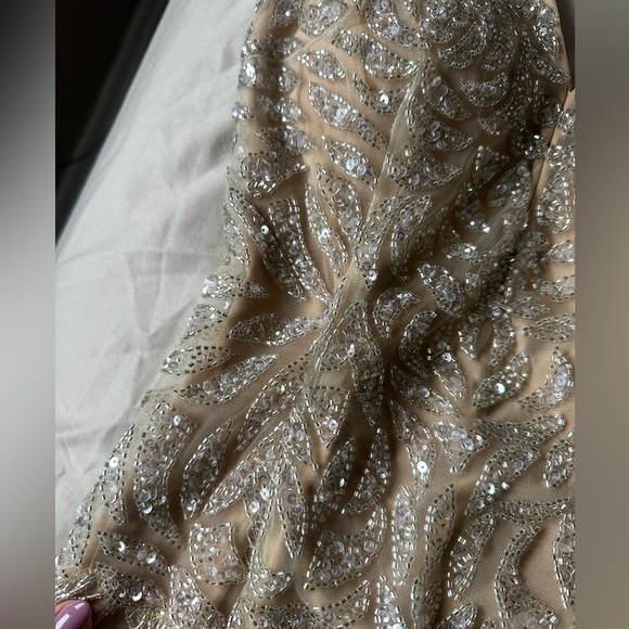 Jovani beige and silver tassel maxi dress open back - Picture 9 of 12